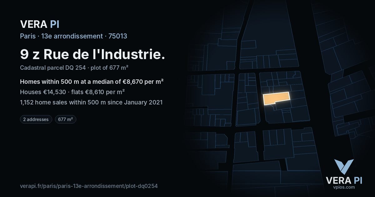 9 z Rue de l'Industrie, 13e arrondissement at night – the plot lit, the parcels around coloured by the prices near them