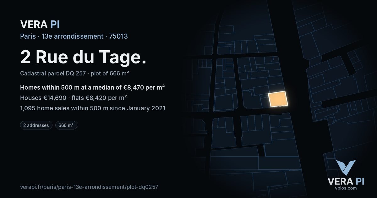 2 Rue du Tage, 13e arrondissement at night – the plot lit, the parcels around coloured by the prices near them