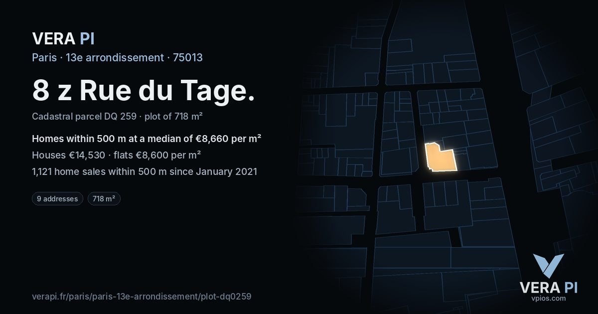 8 z Rue du Tage, 13e arrondissement at night – the plot lit, the parcels around coloured by the prices near them