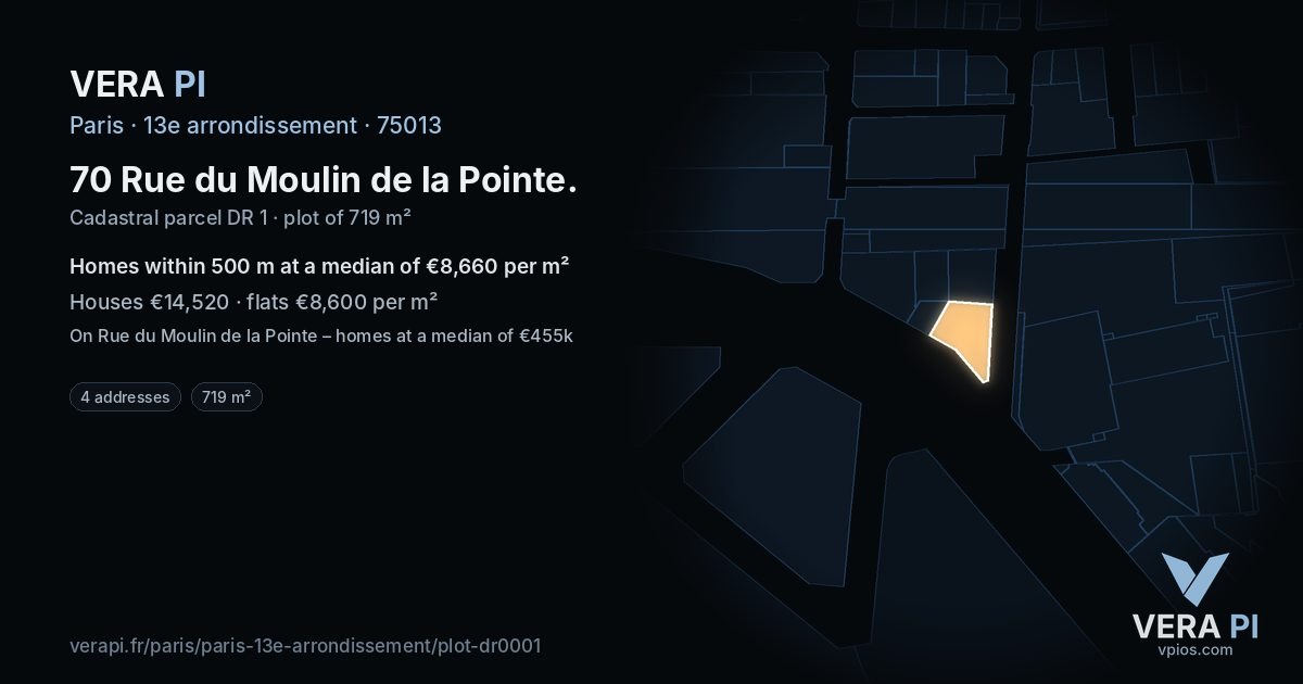 70 Rue du Moulin de la Pointe, 13e arrondissement at night – the plot lit, the parcels around coloured by the prices near them