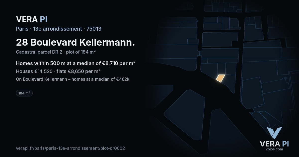 28 Boulevard Kellermann, 13e arrondissement at night – the plot lit, the parcels around coloured by the prices near them