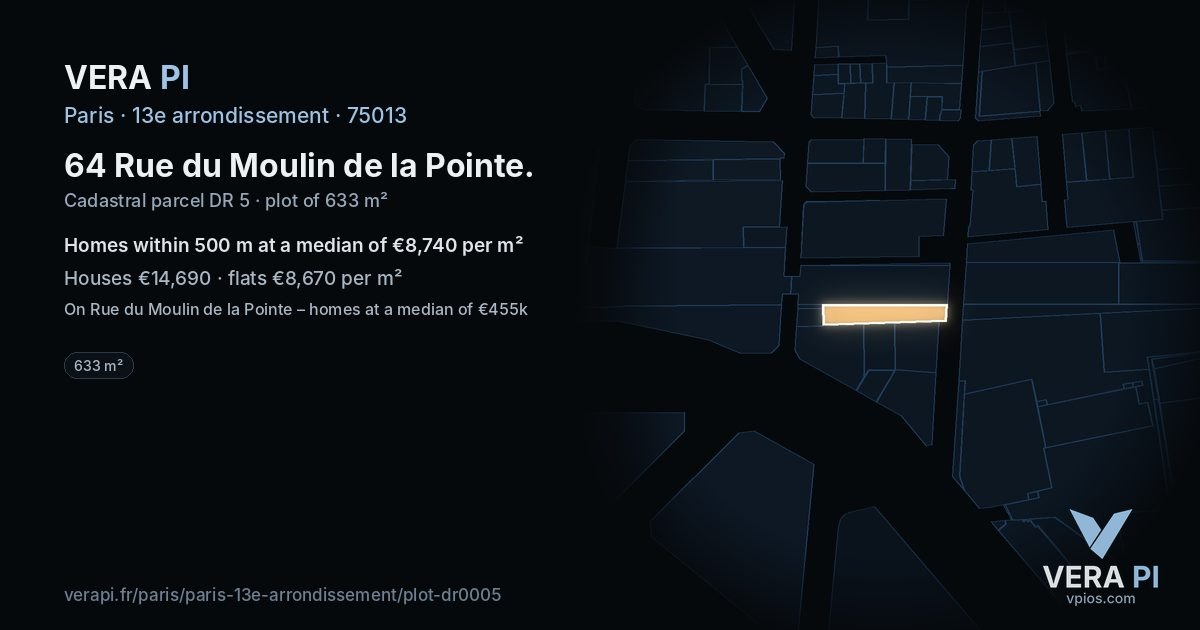 64 Rue du Moulin de la Pointe, 13e arrondissement at night – the plot lit, the parcels around coloured by the prices near them