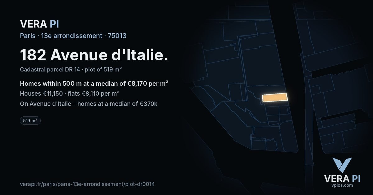 182 Avenue d'Italie, 13e arrondissement at night – the plot lit, the parcels around coloured by the prices near them