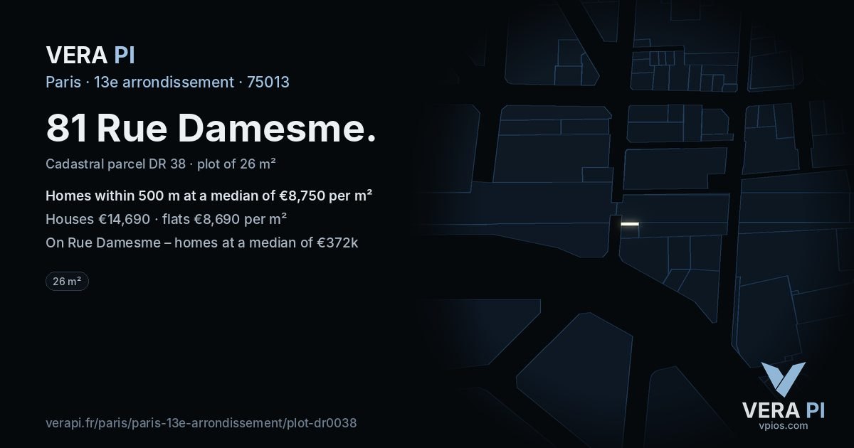 81 Rue Damesme, 13e arrondissement at night – the plot lit, the parcels around coloured by the prices near them