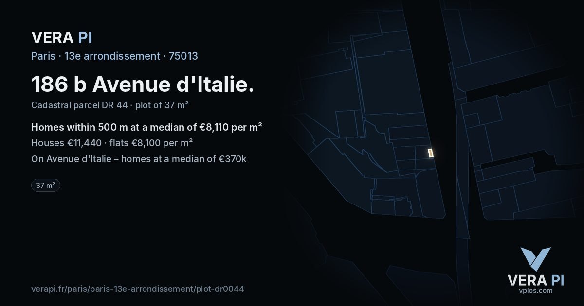 186 b Avenue d'Italie, 13e arrondissement at night – the plot lit, the parcels around coloured by the prices near them