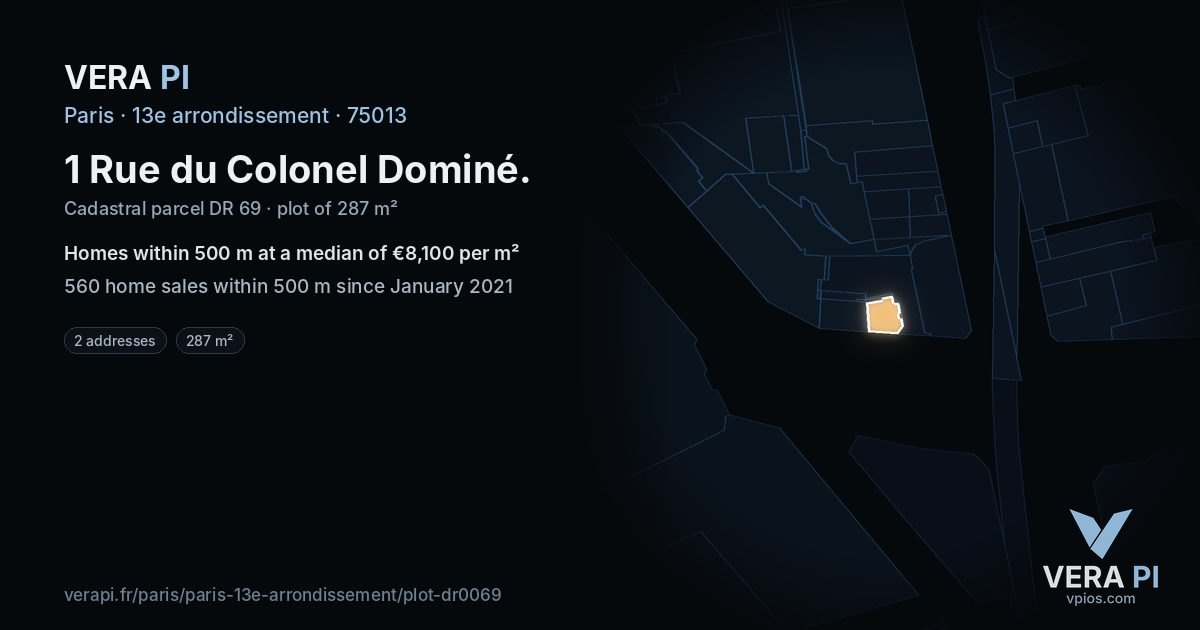 1 Rue du Colonel Dominé, 13e arrondissement at night – the plot lit, the parcels around coloured by the prices near them