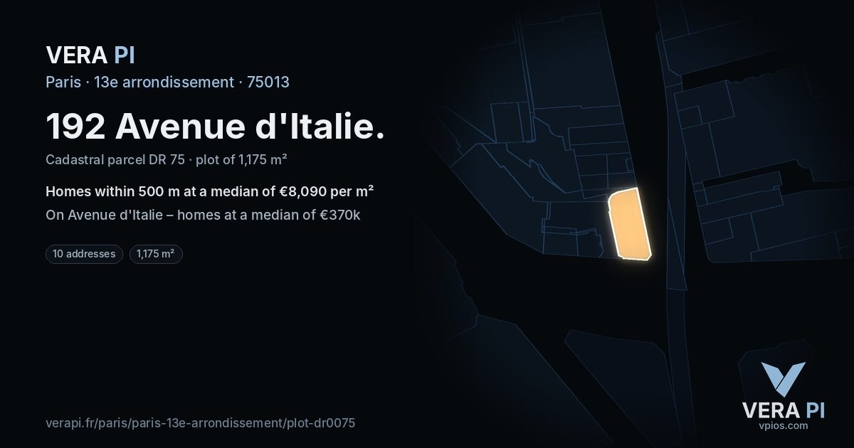 192 Avenue d'Italie, 13e arrondissement at night – the plot lit, the parcels around coloured by the prices near them