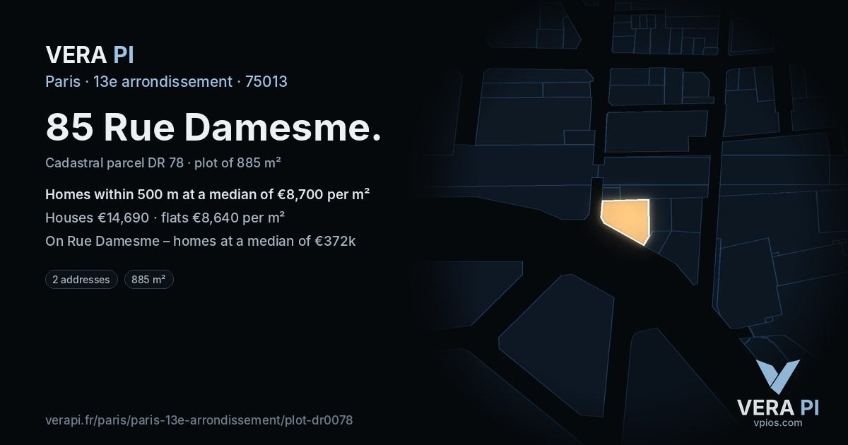 85 Rue Damesme, 13e arrondissement at night – the plot lit, the parcels around coloured by the prices near them