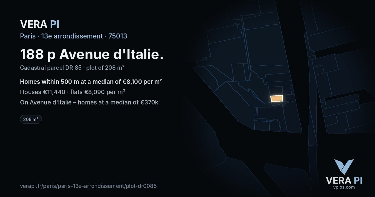 188 p Avenue d'Italie, 13e arrondissement at night – the plot lit, the parcels around coloured by the prices near them