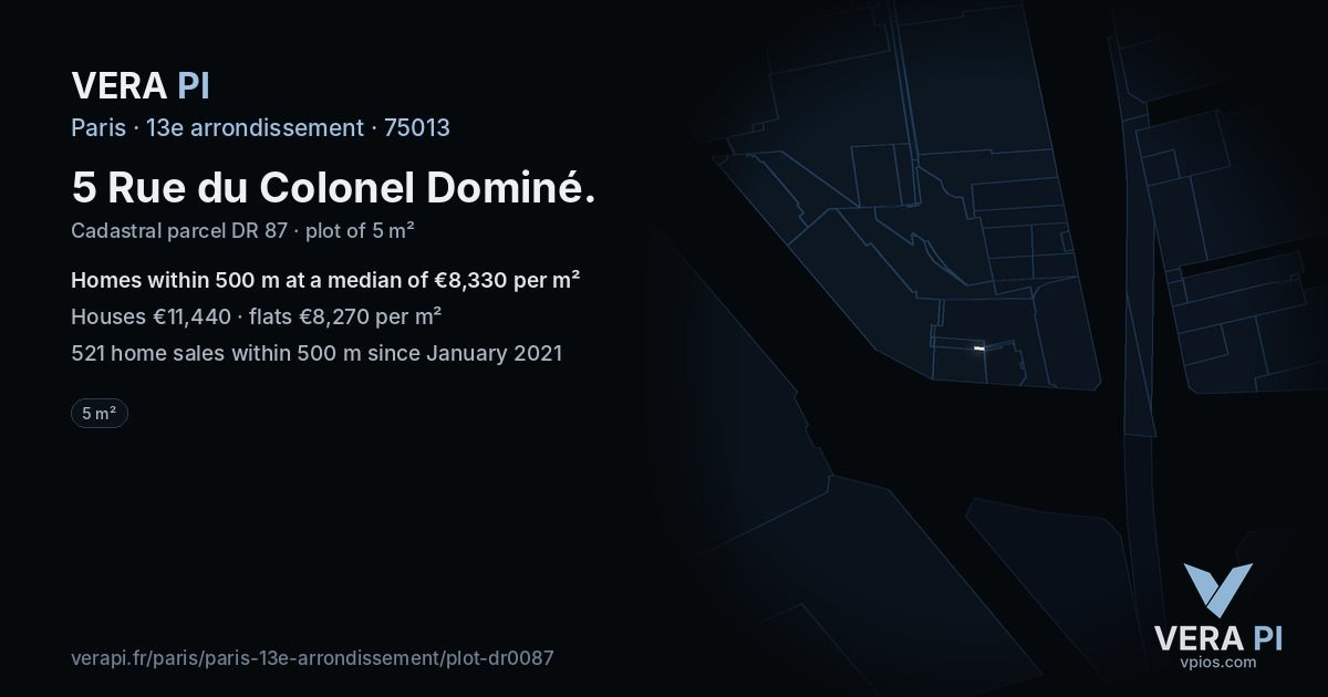 5 Rue du Colonel Dominé, 13e arrondissement at night – the plot lit, the parcels around coloured by the prices near them