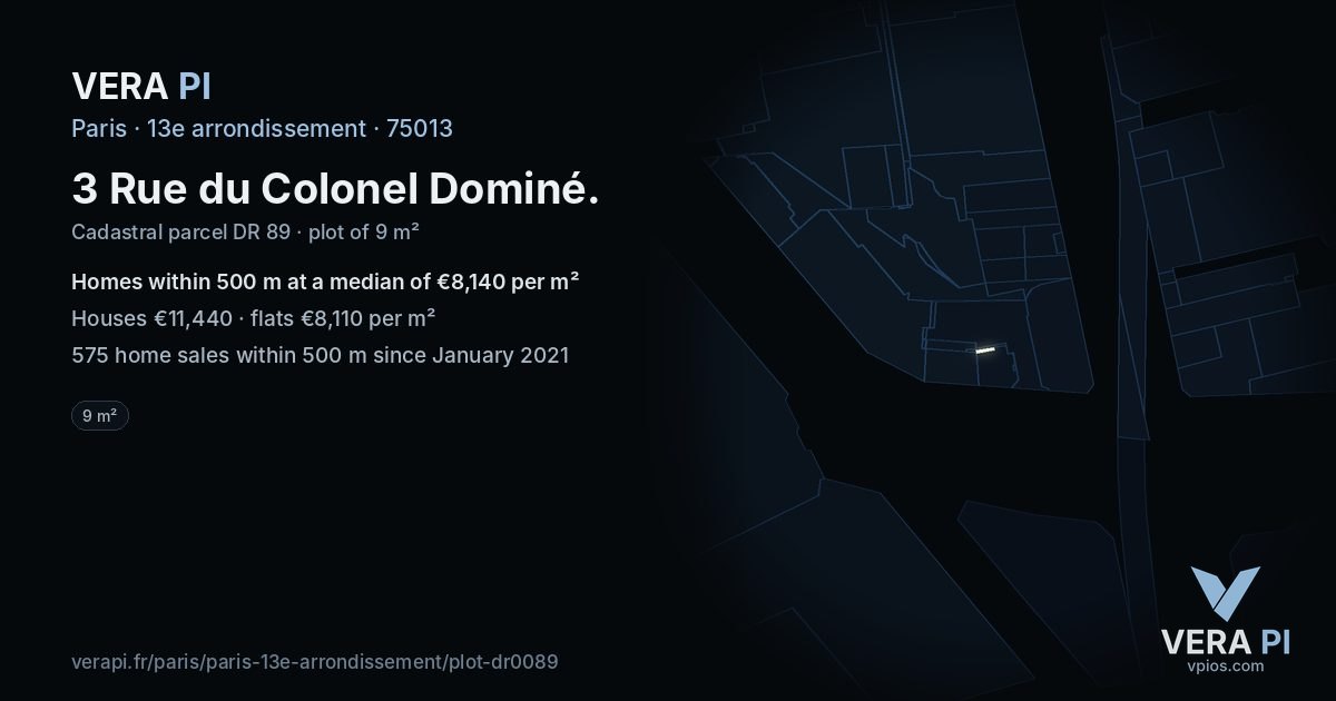 3 Rue du Colonel Dominé, 13e arrondissement at night – the plot lit, the parcels around coloured by the prices near them