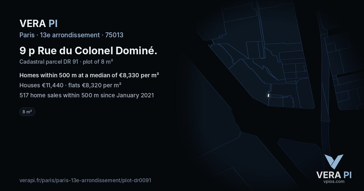 9 p Rue du Colonel Dominé, 13e arrondissement at night – the plot lit, the parcels around coloured by the prices near them