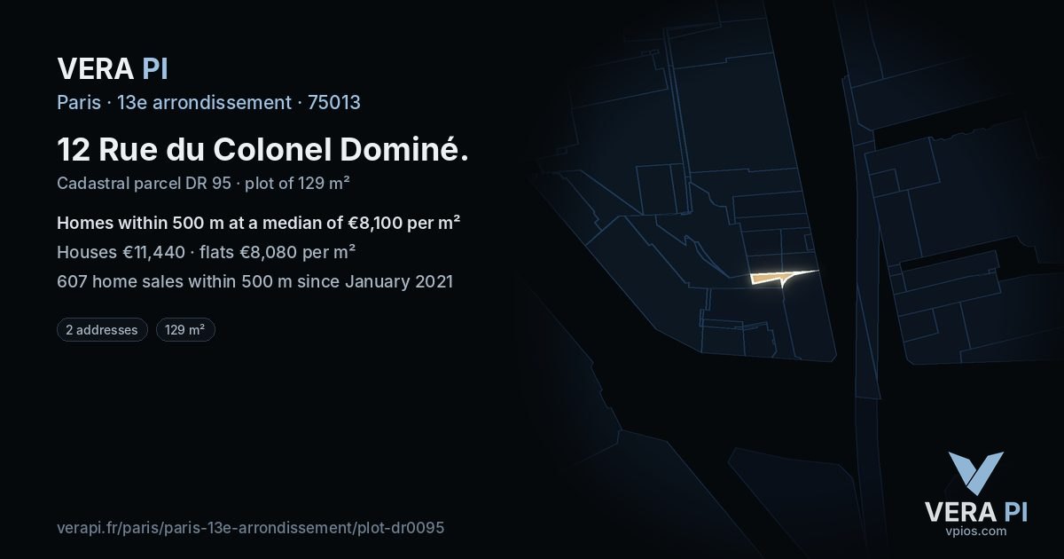 12 Rue du Colonel Dominé, 13e arrondissement at night – the plot lit, the parcels around coloured by the prices near them