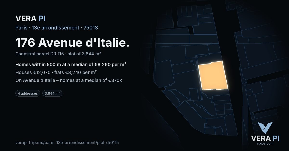 176 Avenue d'Italie, 13e arrondissement at night – the plot lit, the parcels around coloured by the prices near them