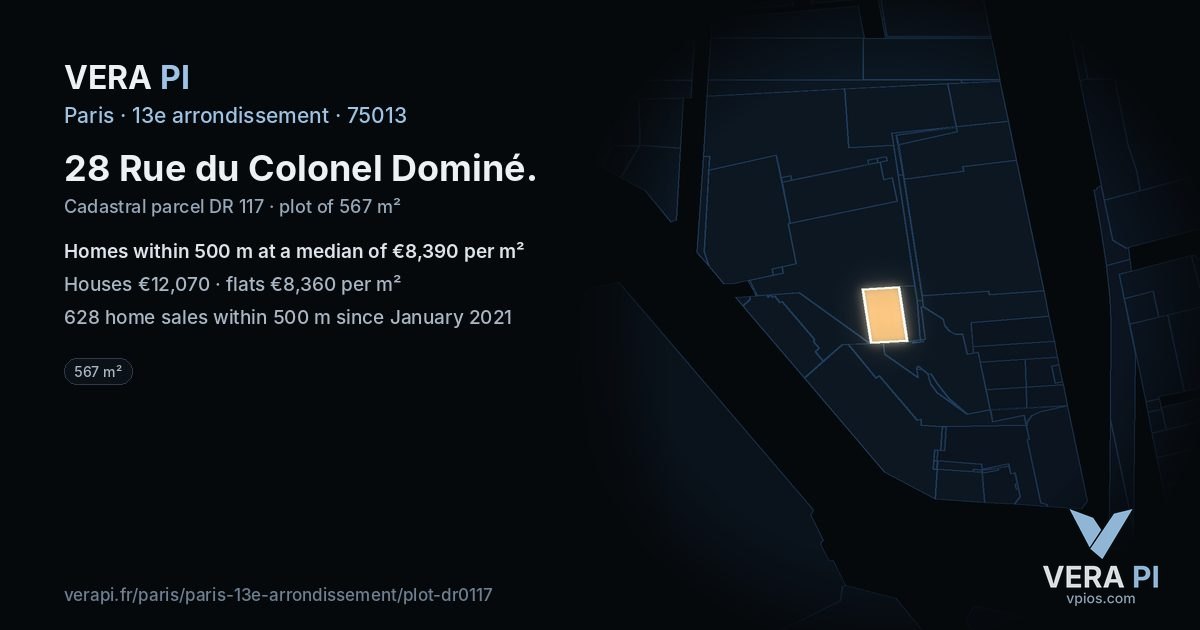 28 Rue du Colonel Dominé, 13e arrondissement at night – the plot lit, the parcels around coloured by the prices near them