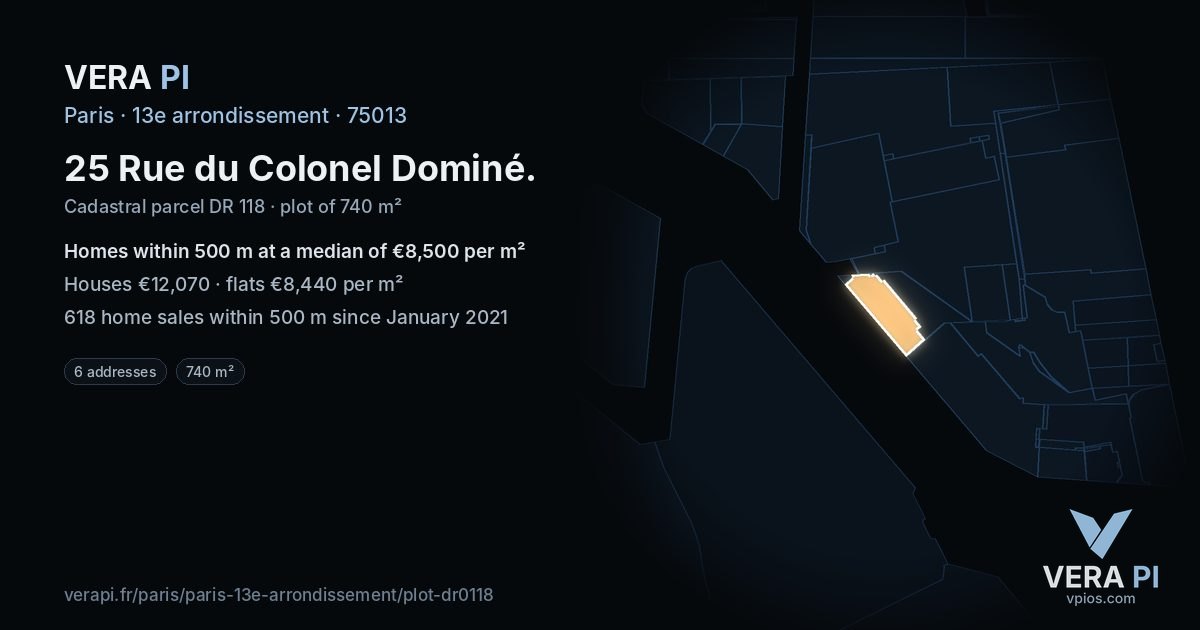 25 Rue du Colonel Dominé, 13e arrondissement at night – the plot lit, the parcels around coloured by the prices near them