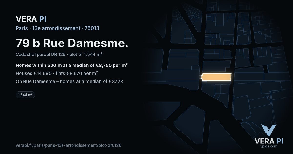 79 b Rue Damesme, 13e arrondissement at night – the plot lit, the parcels around coloured by the prices near them