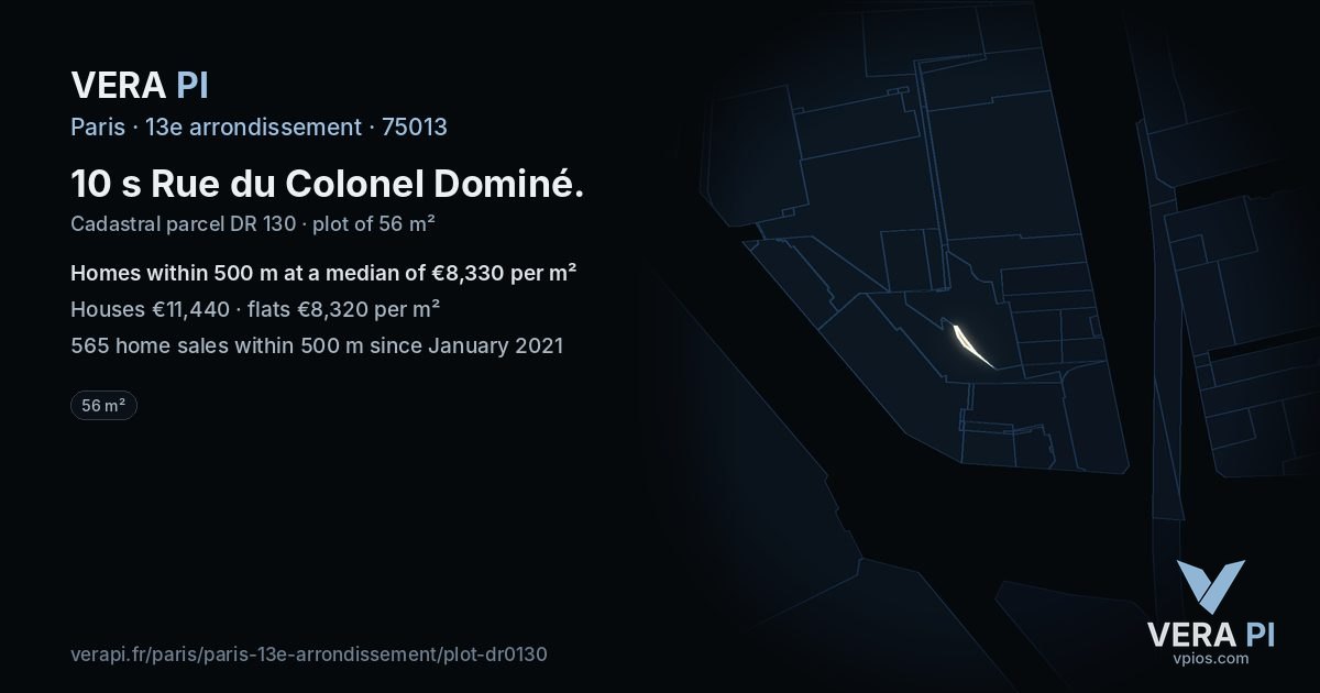 10 s Rue du Colonel Dominé, 13e arrondissement at night – the plot lit, the parcels around coloured by the prices near them