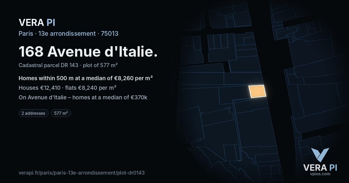 168 Avenue d'Italie, 13e arrondissement at night – the plot lit, the parcels around coloured by the prices near them
