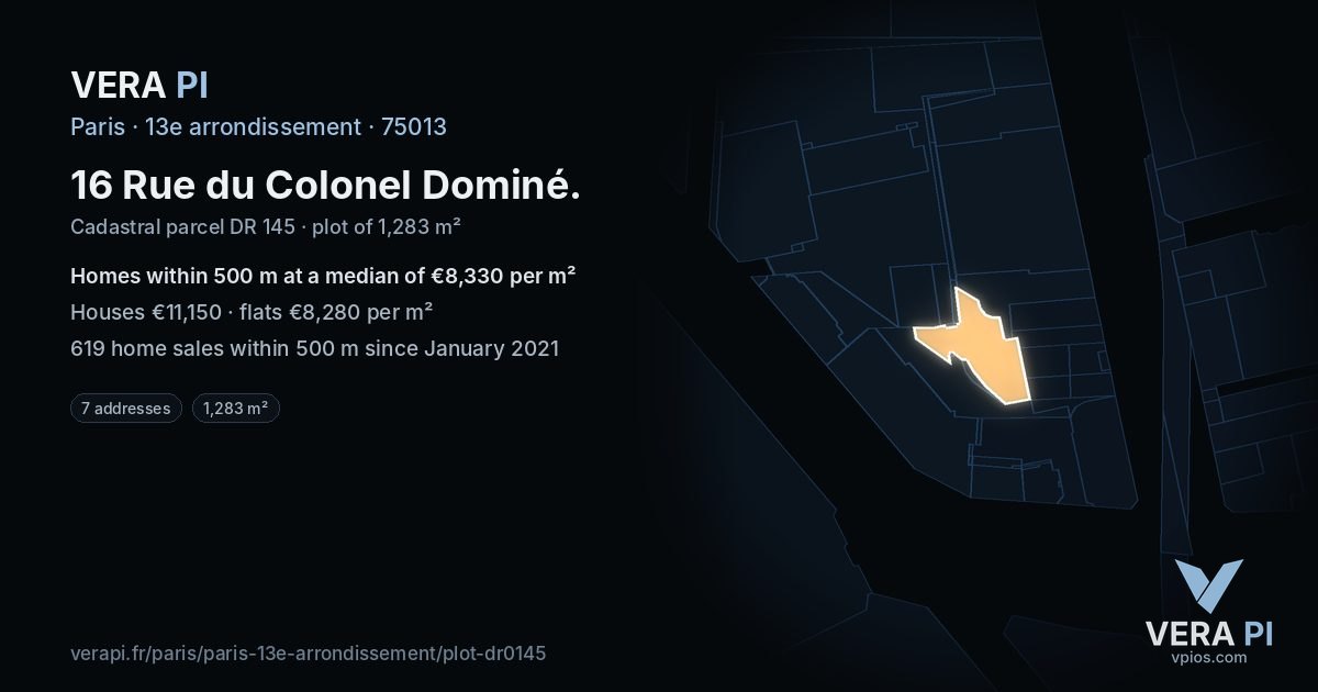 16 Rue du Colonel Dominé, 13e arrondissement at night – the plot lit, the parcels around coloured by the prices near them