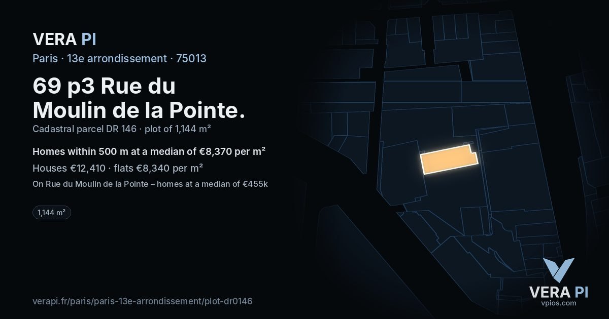 69 p3 Rue du Moulin de la Pointe, 13e arrondissement at night – the plot lit, the parcels around coloured by the prices near them