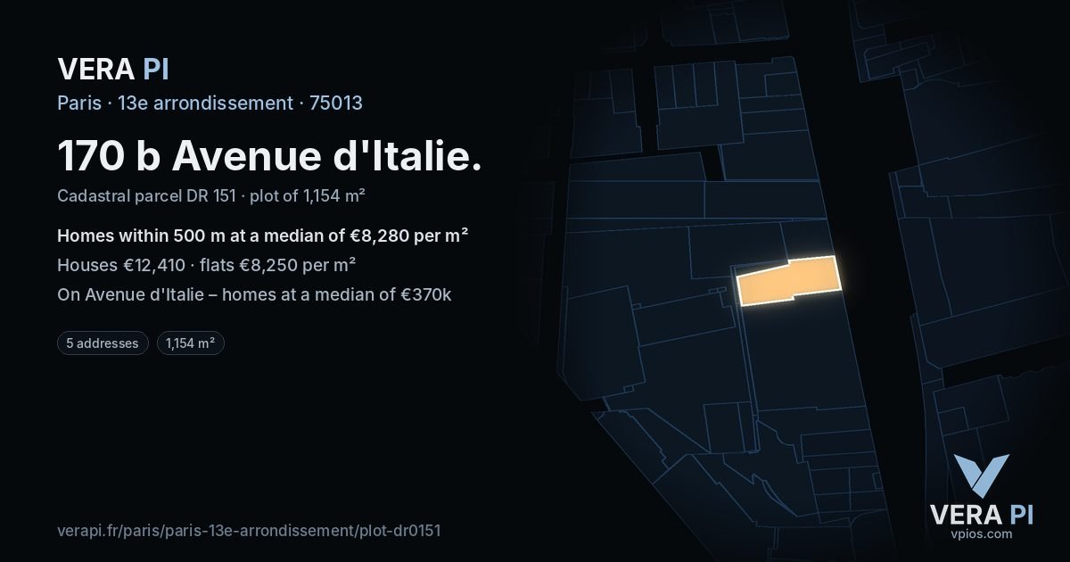170 b Avenue d'Italie, 13e arrondissement at night – the plot lit, the parcels around coloured by the prices near them