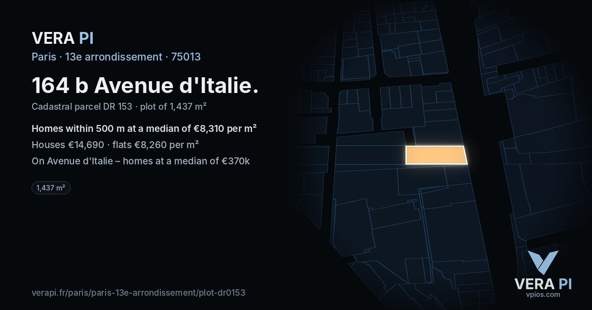 164 b Avenue d'Italie, 13e arrondissement at night – the plot lit, the parcels around coloured by the prices near them