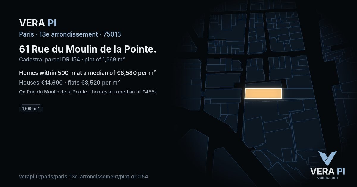 61 Rue du Moulin de la Pointe, 13e arrondissement at night – the plot lit, the parcels around coloured by the prices near them