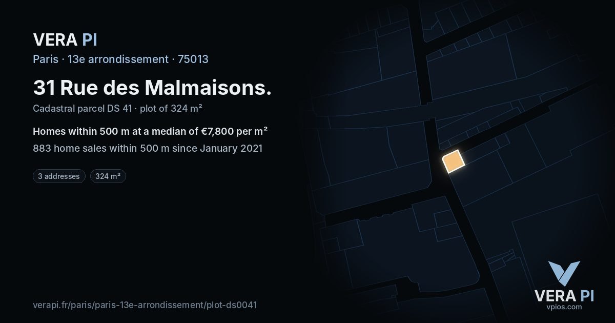 31 Rue des Malmaisons, 13e arrondissement at night – the plot lit, the parcels around coloured by the prices near them