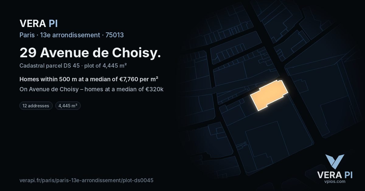 29 Avenue de Choisy, 13e arrondissement at night – the plot lit, the parcels around coloured by the prices near them