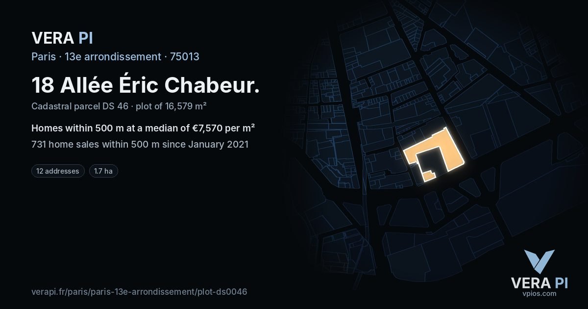 18 Allée Éric Chabeur, 13e arrondissement at night – the plot lit, the parcels around coloured by the prices near them