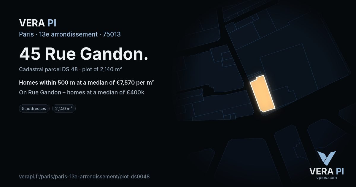 45 Rue Gandon, 13e arrondissement at night – the plot lit, the parcels around coloured by the prices near them
