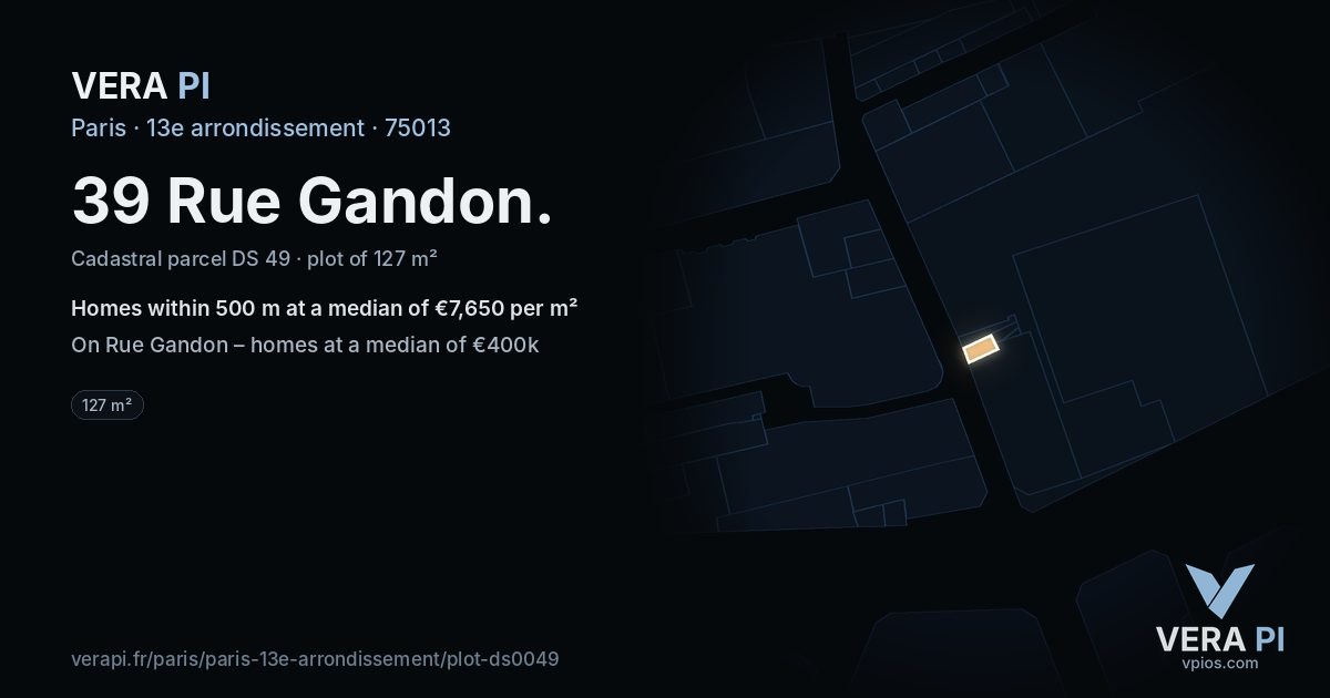 39 Rue Gandon, 13e arrondissement at night – the plot lit, the parcels around coloured by the prices near them