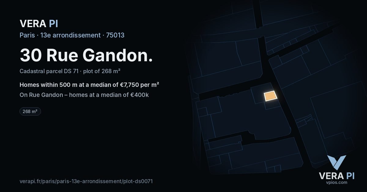 30 Rue Gandon, 13e arrondissement at night – the plot lit, the parcels around coloured by the prices near them