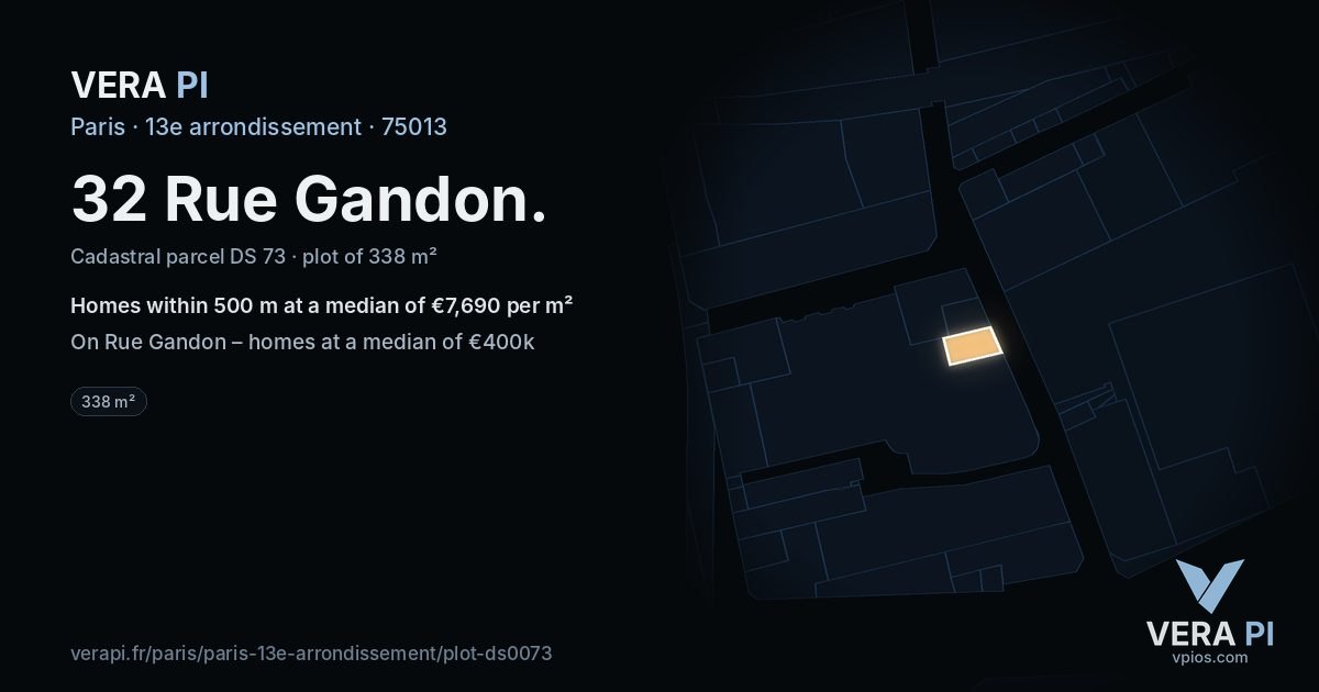 32 Rue Gandon, 13e arrondissement at night – the plot lit, the parcels around coloured by the prices near them