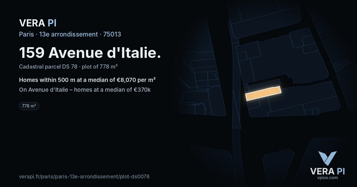 159 Avenue d'Italie, 13e arrondissement at night – the plot lit, the parcels around coloured by the prices near them