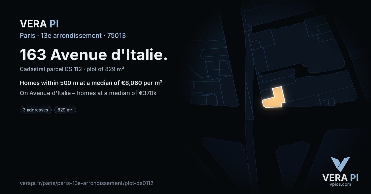 163 Avenue d'Italie, 13e arrondissement at night – the plot lit, the parcels around coloured by the prices near them