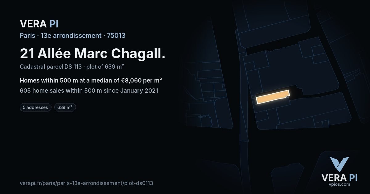 21 Allée Marc Chagall, 13e arrondissement at night – the plot lit, the parcels around coloured by the prices near them