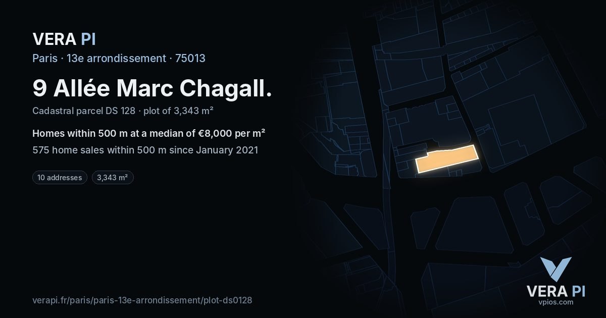9 Allée Marc Chagall, 13e arrondissement at night – the plot lit, the parcels around coloured by the prices near them