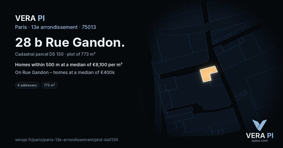 28 b Rue Gandon, 13e arrondissement at night – the plot lit, the parcels around coloured by the prices near them