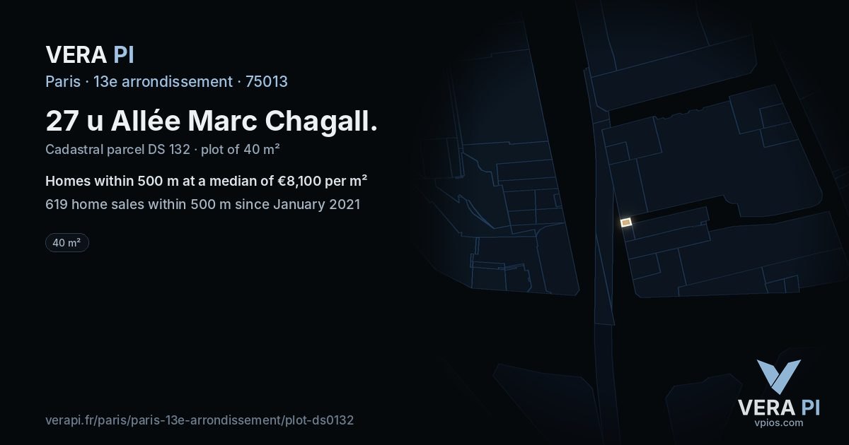 27 u Allée Marc Chagall, 13e arrondissement at night – the plot lit, the parcels around coloured by the prices near them