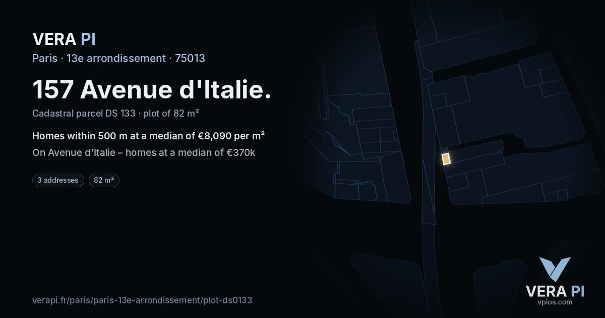 157 Avenue d'Italie, 13e arrondissement at night – the plot lit, the parcels around coloured by the prices near them