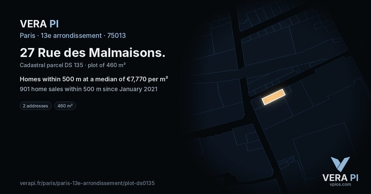 27 Rue des Malmaisons, 13e arrondissement at night – the plot lit, the parcels around coloured by the prices near them