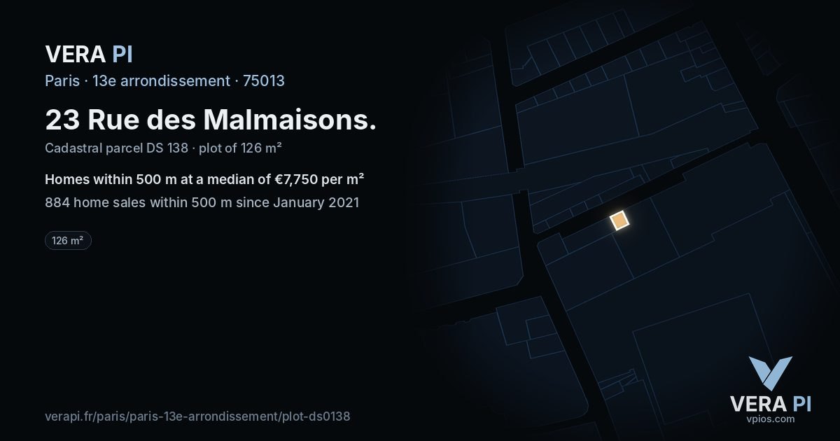 23 Rue des Malmaisons, 13e arrondissement at night – the plot lit, the parcels around coloured by the prices near them