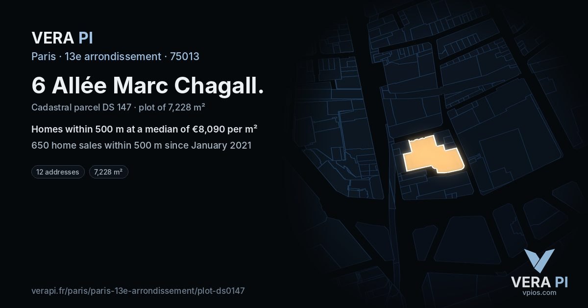 6 Allée Marc Chagall, 13e arrondissement at night – the plot lit, the parcels around coloured by the prices near them