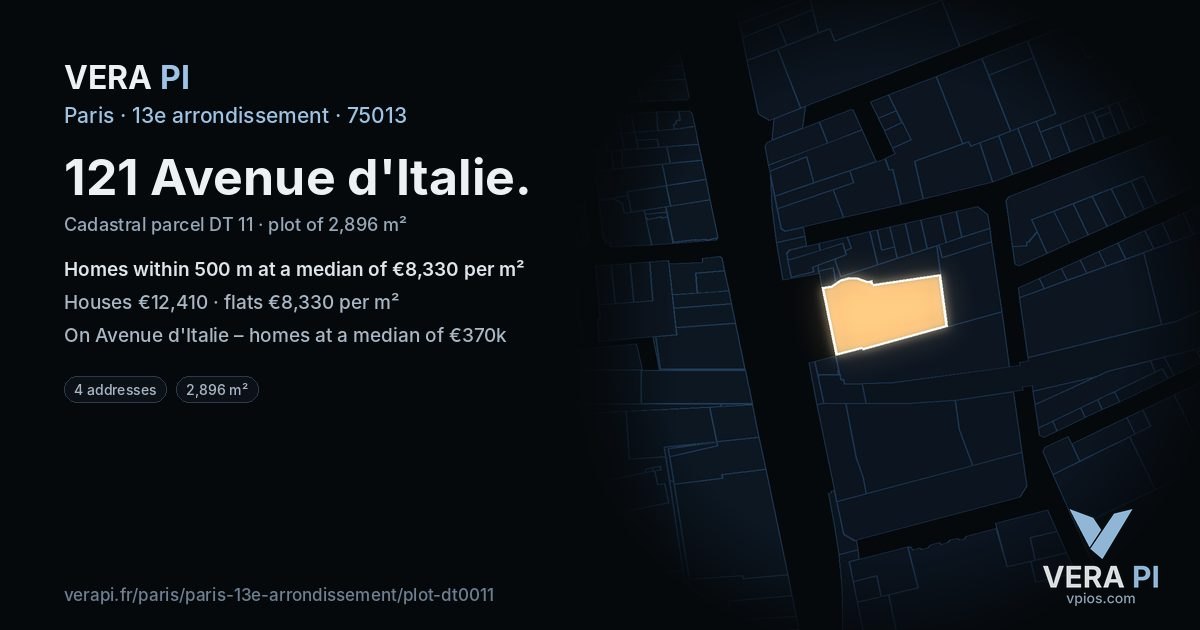 121 Avenue d'Italie, 13e arrondissement at night – the plot lit, the parcels around coloured by the prices near them