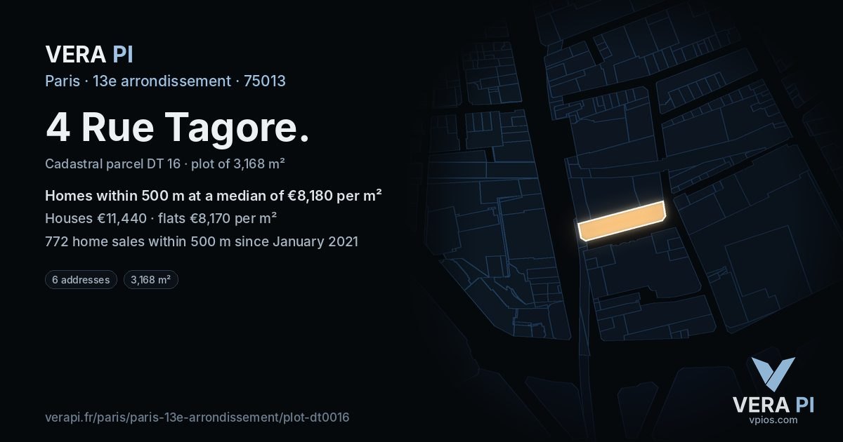 4 Rue Tagore, 13e arrondissement at night – the plot lit, the parcels around coloured by the prices near them