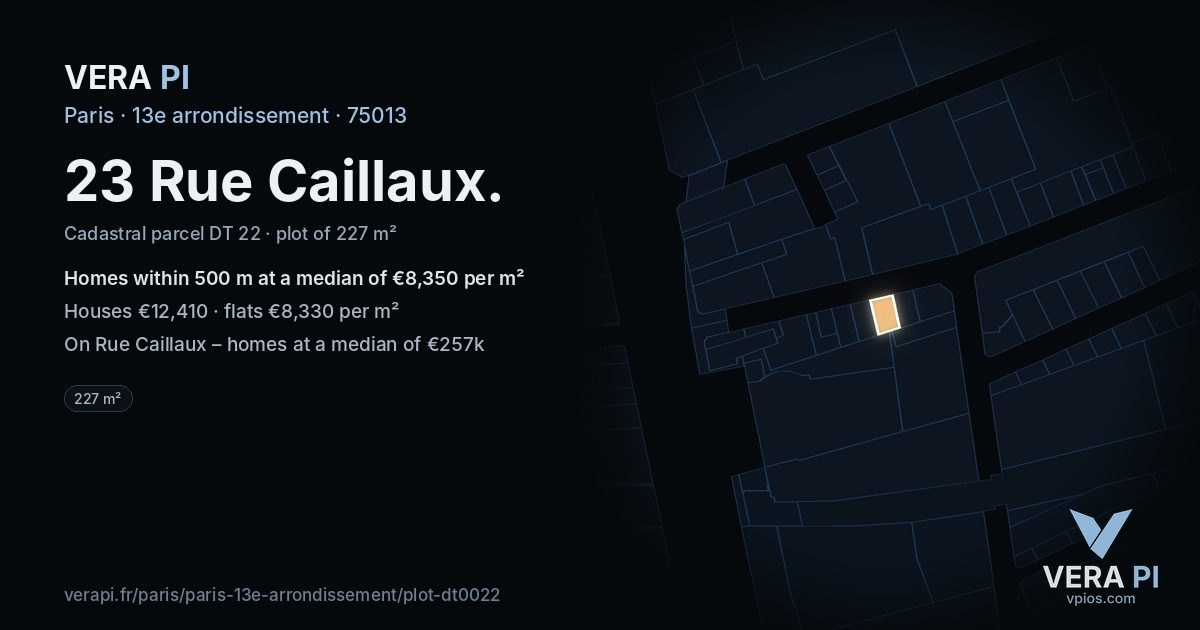 23 Rue Caillaux, 13e arrondissement at night – the plot lit, the parcels around coloured by the prices near them