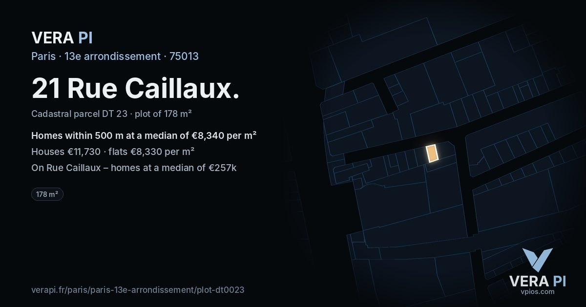 21 Rue Caillaux, 13e arrondissement at night – the plot lit, the parcels around coloured by the prices near them