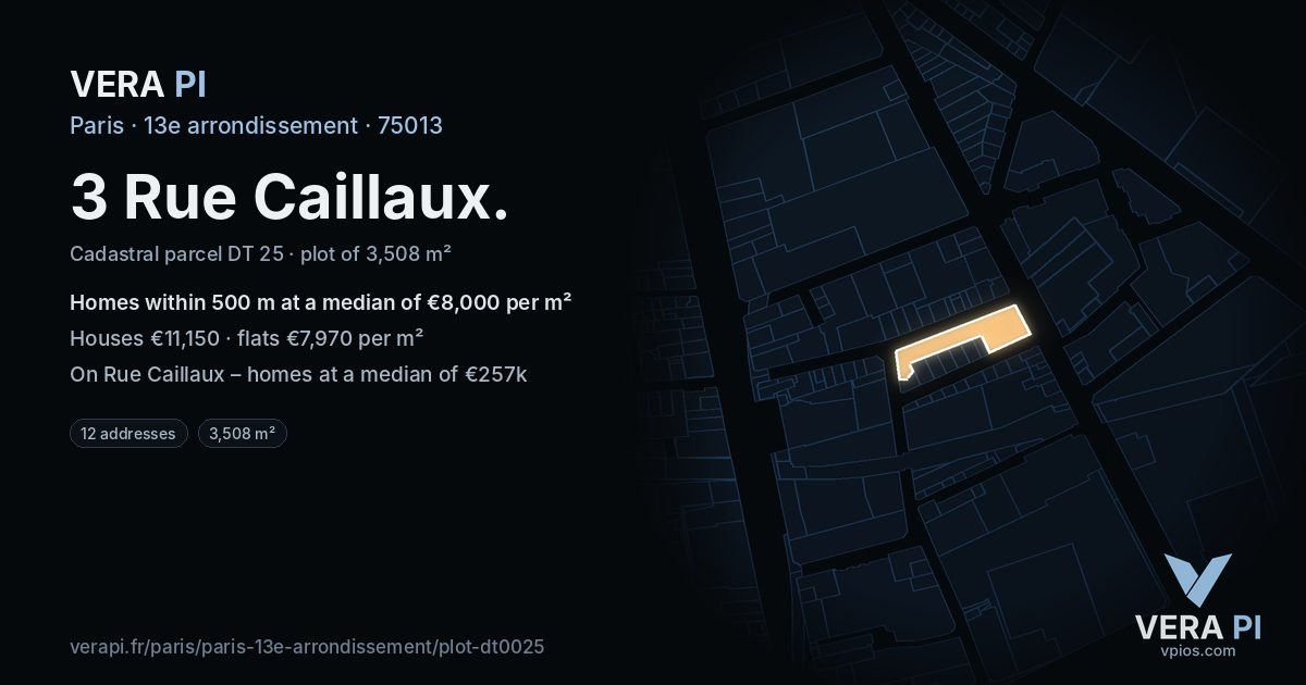 3 Rue Caillaux, 13e arrondissement at night – the plot lit, the parcels around coloured by the prices near them